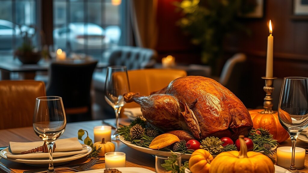 Cozy autumn dining table set for a Thanksgiving meal in a Toronto restaurant.