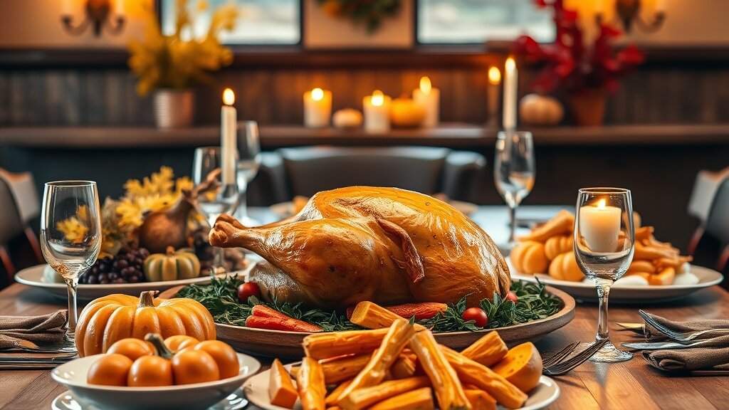 Festive Thanksgiving dinner table setup with a roasted turkey and autumn decorations in a Vancouver restaurant.